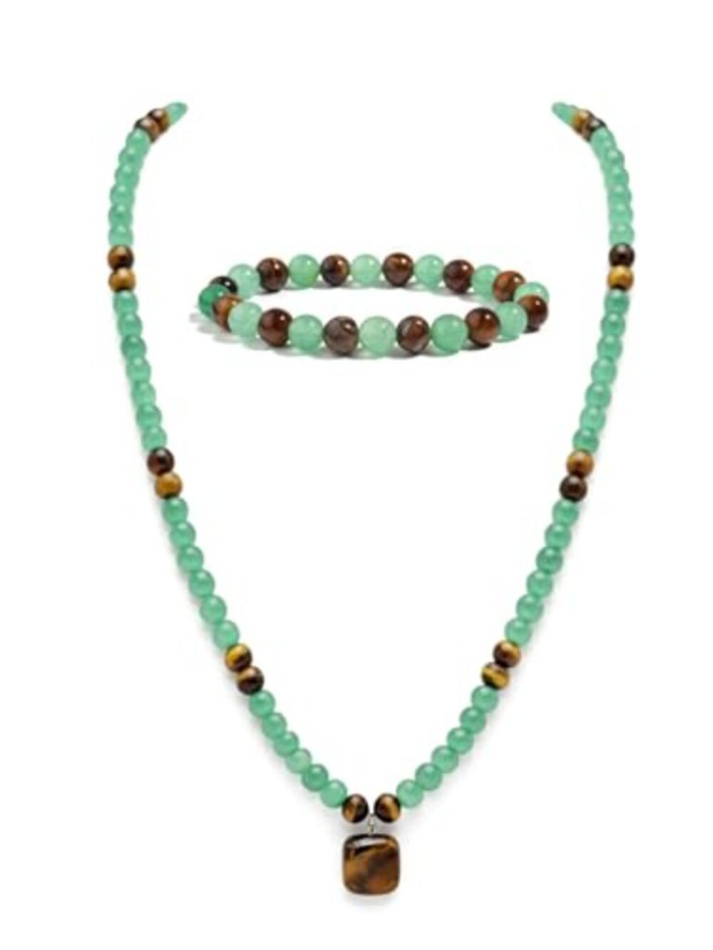 Green Jade Tiger Eye Crystal Necklace Bracelet Set Feng Shui Wealth